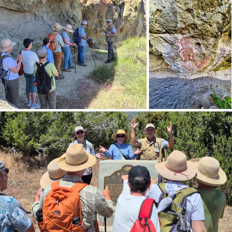 (Clockwise from top left) A docent prepares hikers to enter a sacred Kawaiisu cave site. An ancient Kawaiisu pictograph (rock painting). Visitors and docents pose gather at the Tomo-Kahni monument marker. Photos from California State Parks